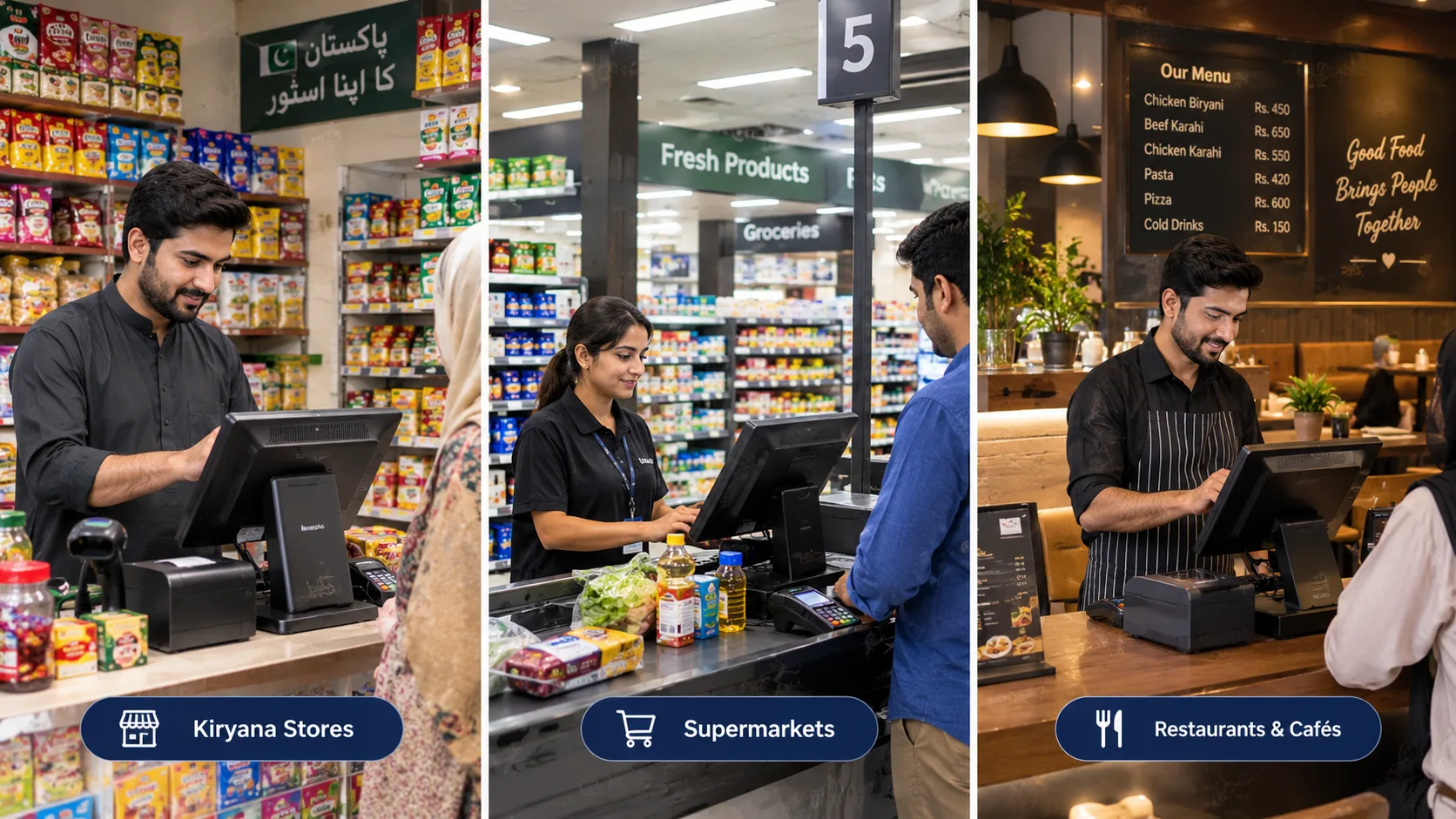 A three-panel composition showing a Pakistani kiryana store, a modern supermarket checkout, and a restaurant cashier counter. Keep the environments realistic and visually consistent.